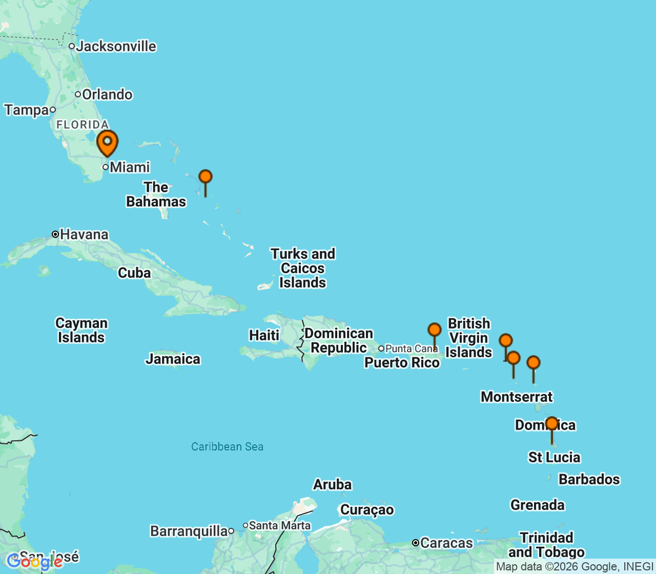 Harta itinerariu Croaziera 2028 - Caraibe si America Centrala (Fort Lauderdale, Florida) - Holland America Line - Eurodam - 10 nopti