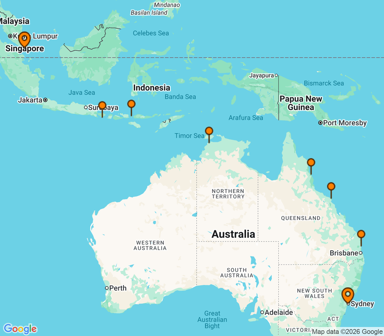Harta itinerariu Croaziera 2026 - Australia si Noua Zeelanda (Singapore) - Silversea Cruises - Silver Moon - 18 nopti