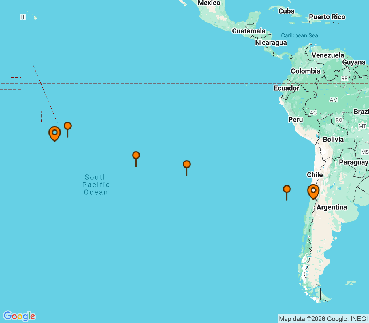 Harta itinerariu Croaziera 2027 - Tahiti si Pacificul de Sud (Papeete, Tahiti, Polinezia Franceza) - Seabourn - Seabourn Pursuit - 19 nopti