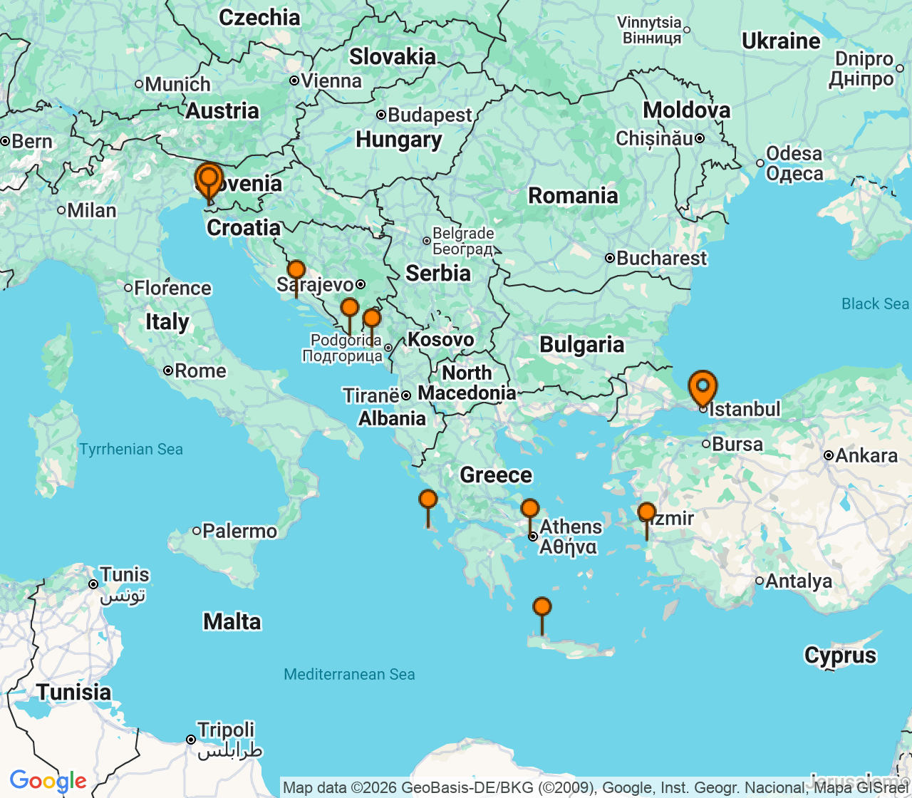 Harta itinerariu Croaziera 2027 - Mediterana (Istanbul, Turcia) - Oceania Cruises - Sonata - 10 nopti