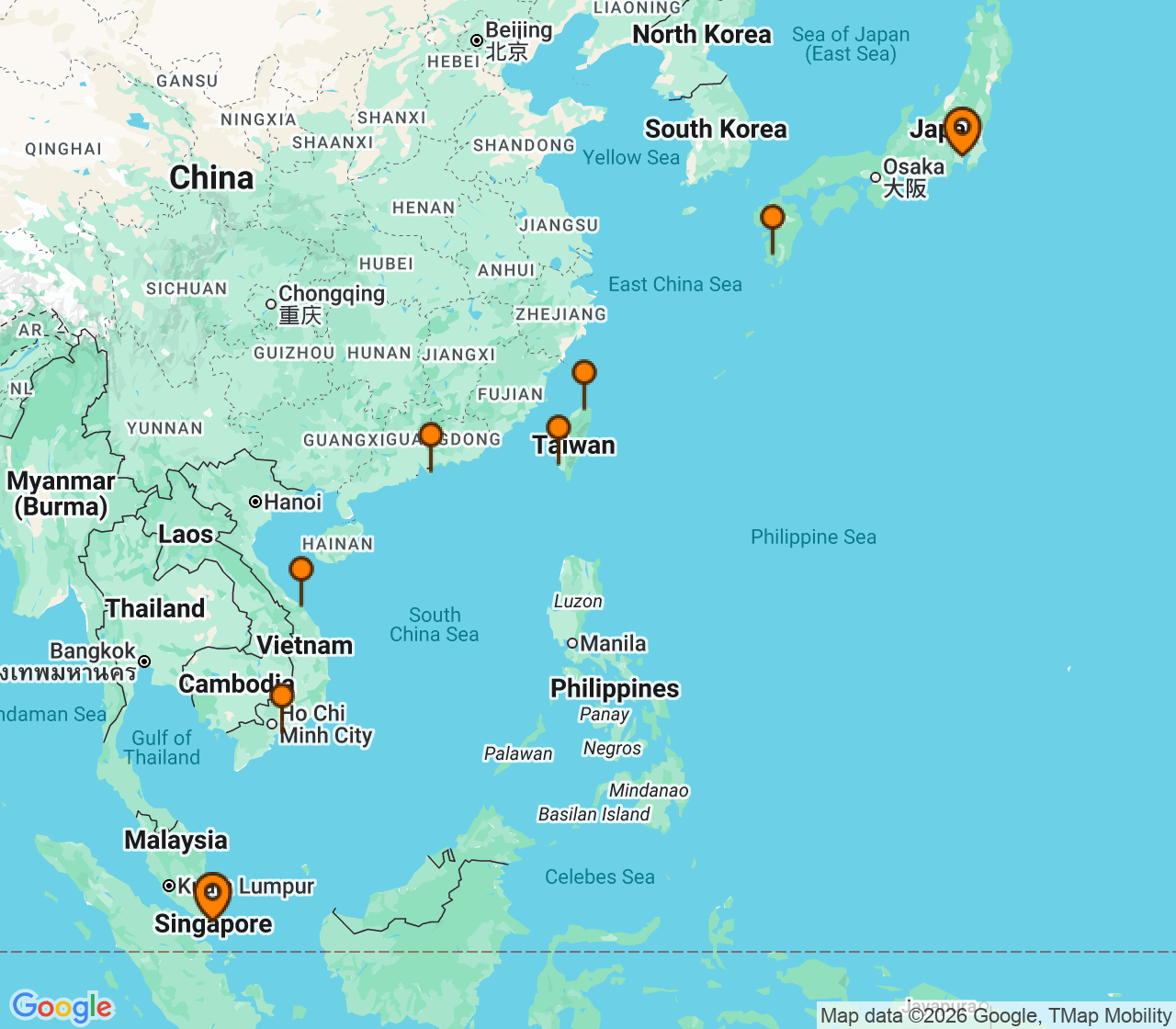 Harta itinerariu Croaziera 2028 - Asia (Orientul Indepartat) (Singapore) - Princess Cruises - Diamond Princess - 13 nopti