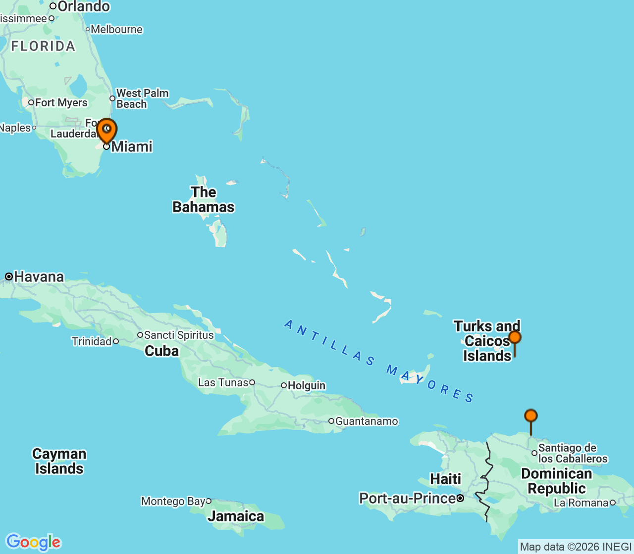 Harta itinerariu Croaziera 2027 - Caraibe si America Centrala (Miami, FL) - Princess Cruises - Regal Princess - 6 nopti