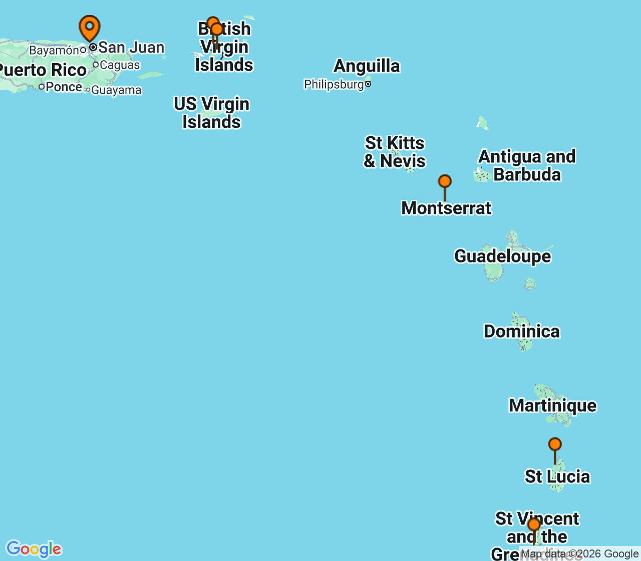 Harta itinerariu Croaziera 2026 - Caraibe si America Centrala (Insulele San Juan, WA) - Silversea Cruises - Silver Shadow - 7 nopti