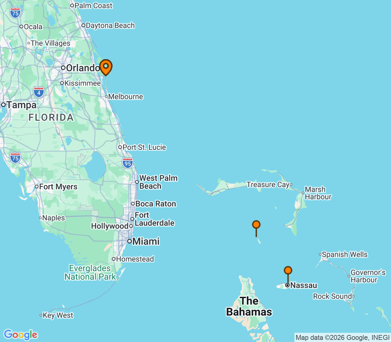Harta itinerariu Croaziera 2027 - Caraibe si America Centrala (Port Canaveral, FL) - Norwegian Cruise Line - Norwegian Breakaway - 4 nopti