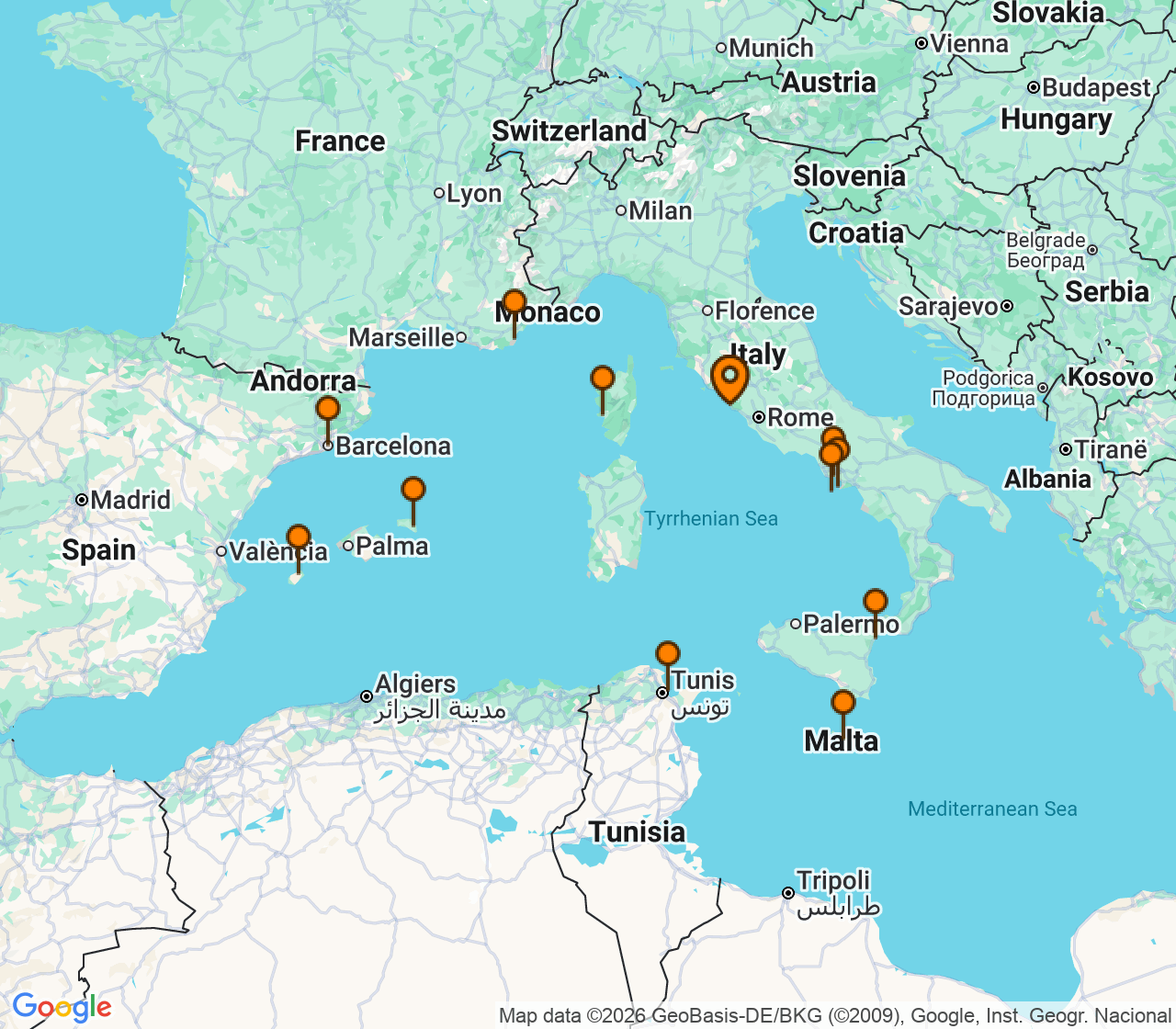 Harta itinerariu Croaziera 2028 - Mediterana (Roma (Civitavecchia), Italia) - Explora Journeys - Explora II - 14 nopti