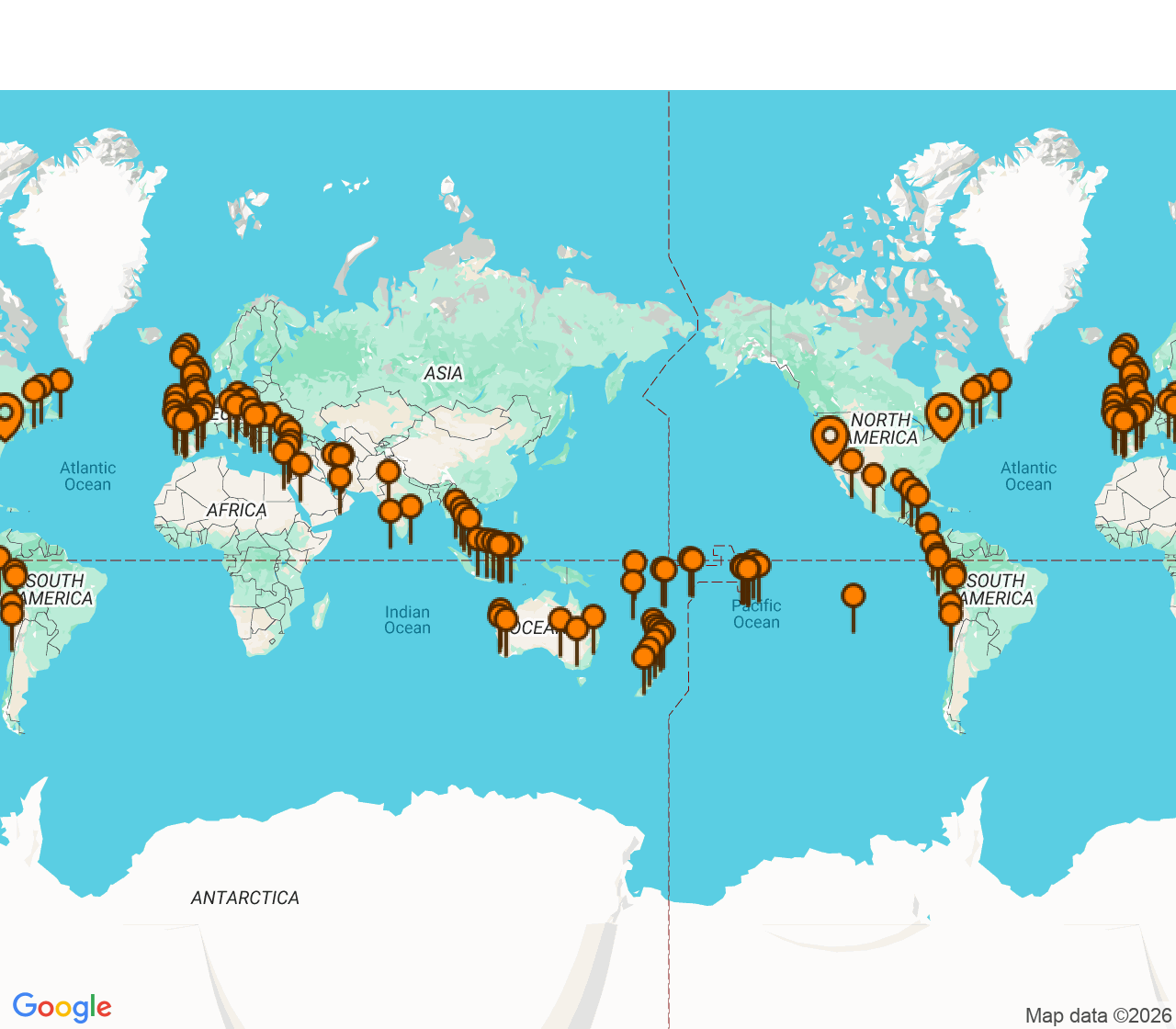 Harta itinerariu Croaziera 2029 - Grand Voyage si Tematice (Los Angeles, CA) - Oceania Cruises - Oceania Aurelia - 181 nopti
