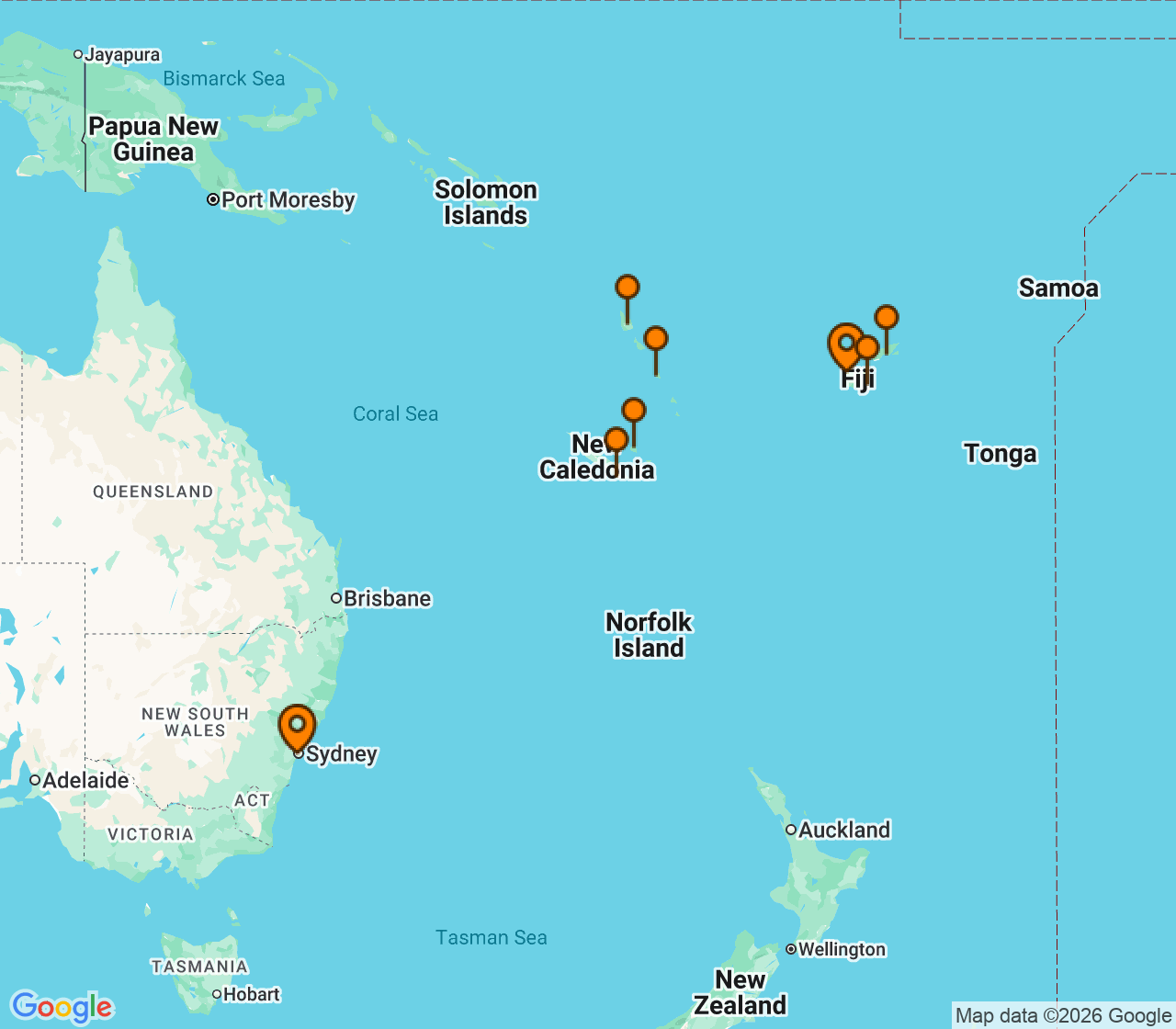 Harta itinerariu Croaziera 2028 - Tahiti si Pacificul de Sud (Sydney, Australia) - Norwegian Cruise Line - Norwegian Spirit - 11 nopti