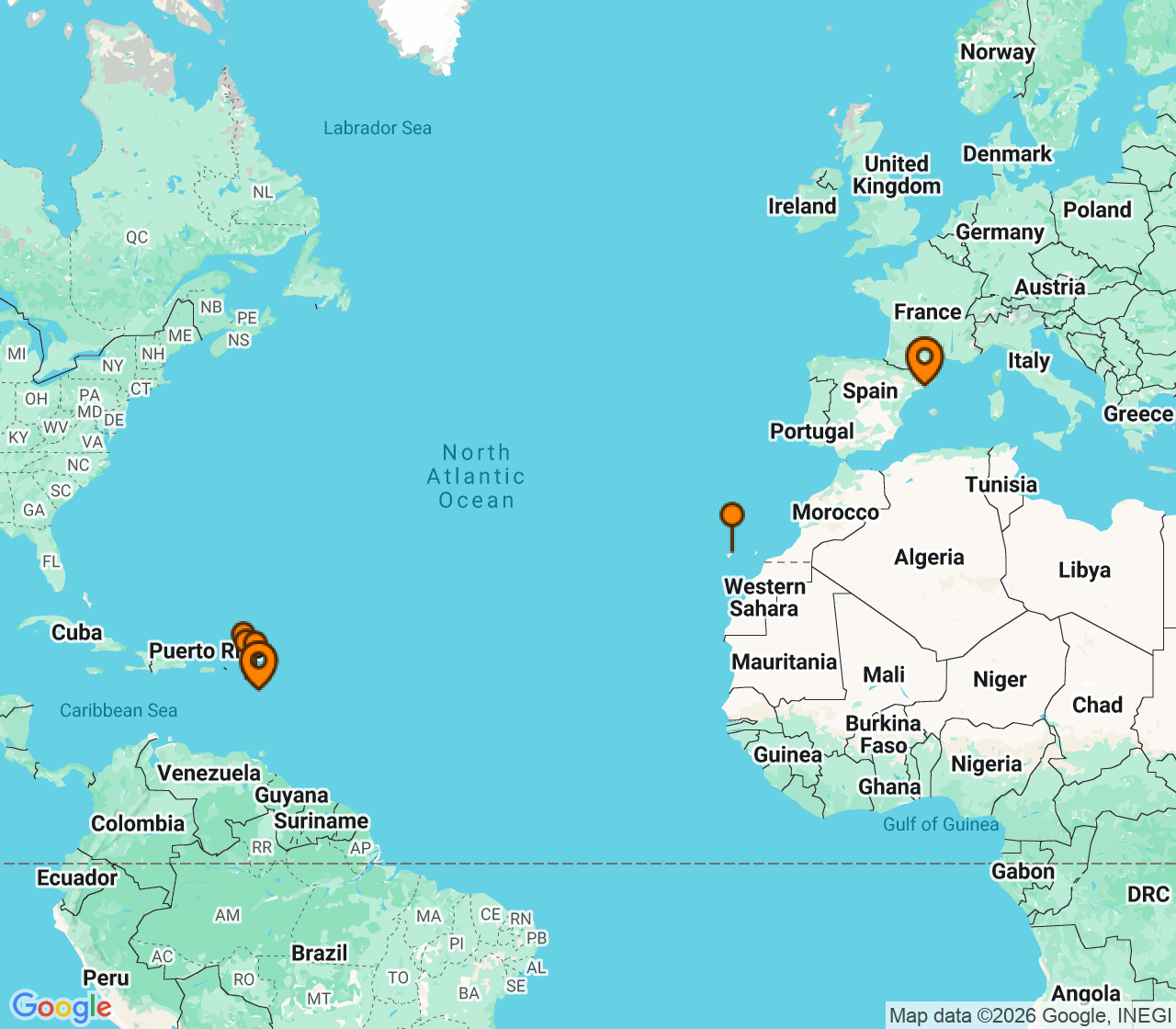 Harta itinerariu Croaziera 2027 - Repozitionari si Transoceanic (Pointe-a-Pitre, Guadalupe) - MSC Cruises - MSC World Europa - 13 nopti