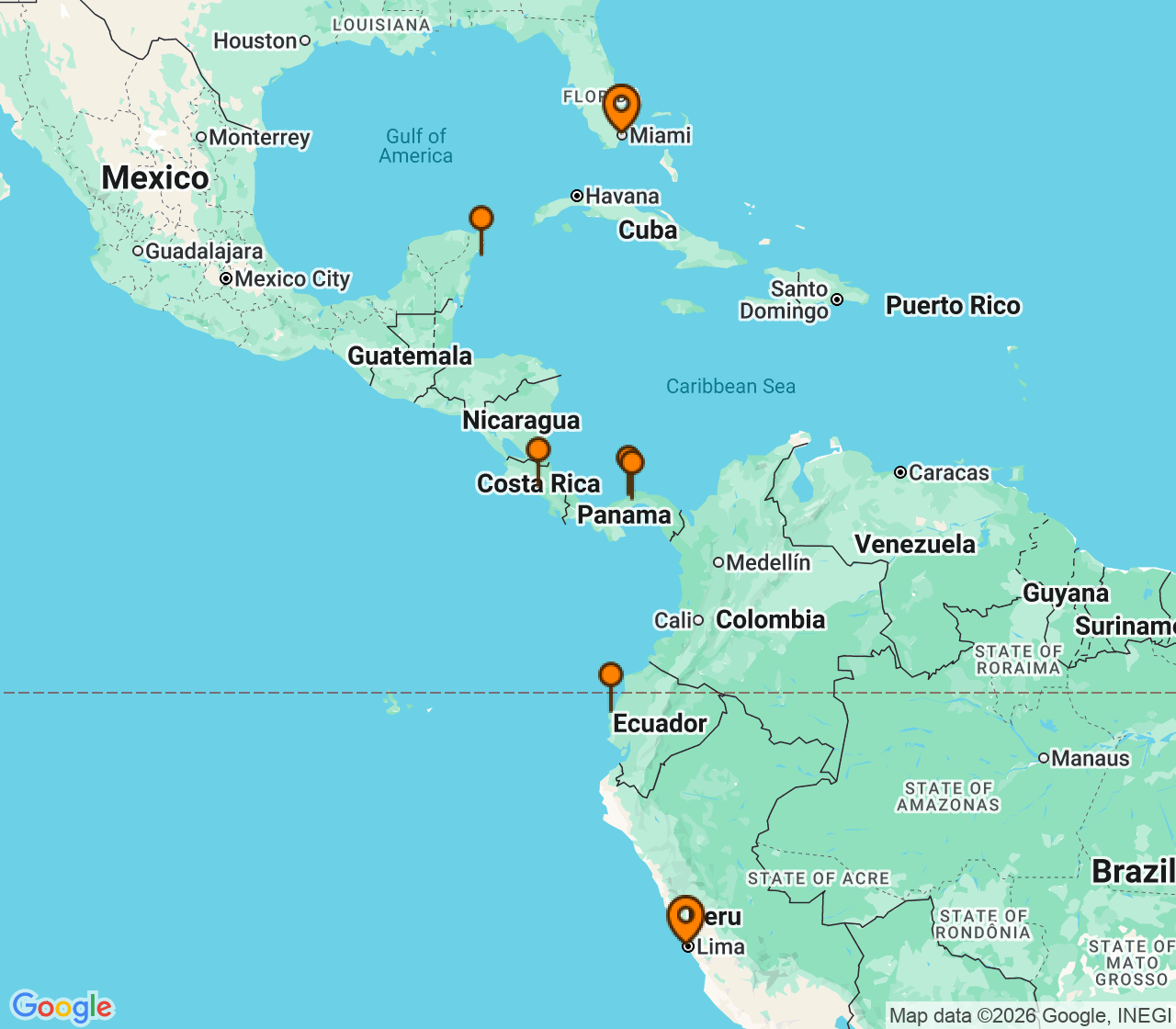 Harta itinerariu Croaziera 2028 - America de Sud (Miami, FL) - Silversea Cruises - Silver Ray - 12 nopti
