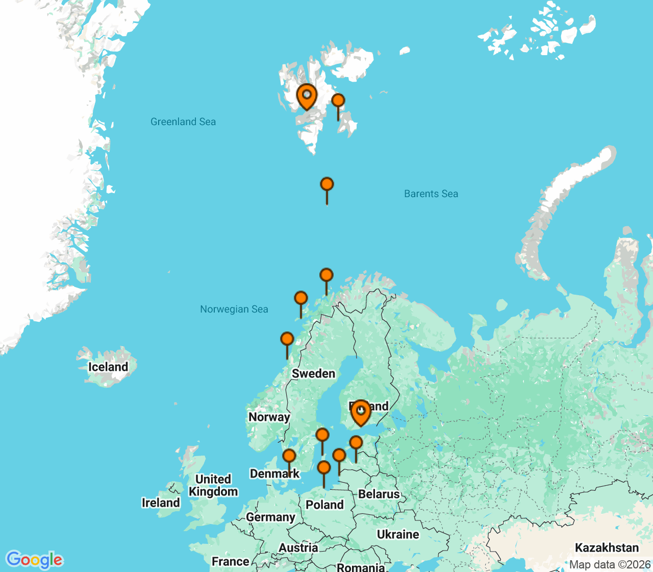 Harta itinerariu Croaziera 2028 - Europa de Nord (Helsinki, Finlanda) - Silversea Cruises - Silver Endeavour - 28 nopti