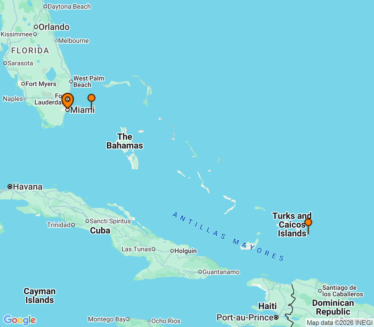 Harta itinerariu Croaziera 2026 - Caraibe si America Centrala (Miami, FL) - Virgin Voyages - Scarlet Lady - 5 nopti