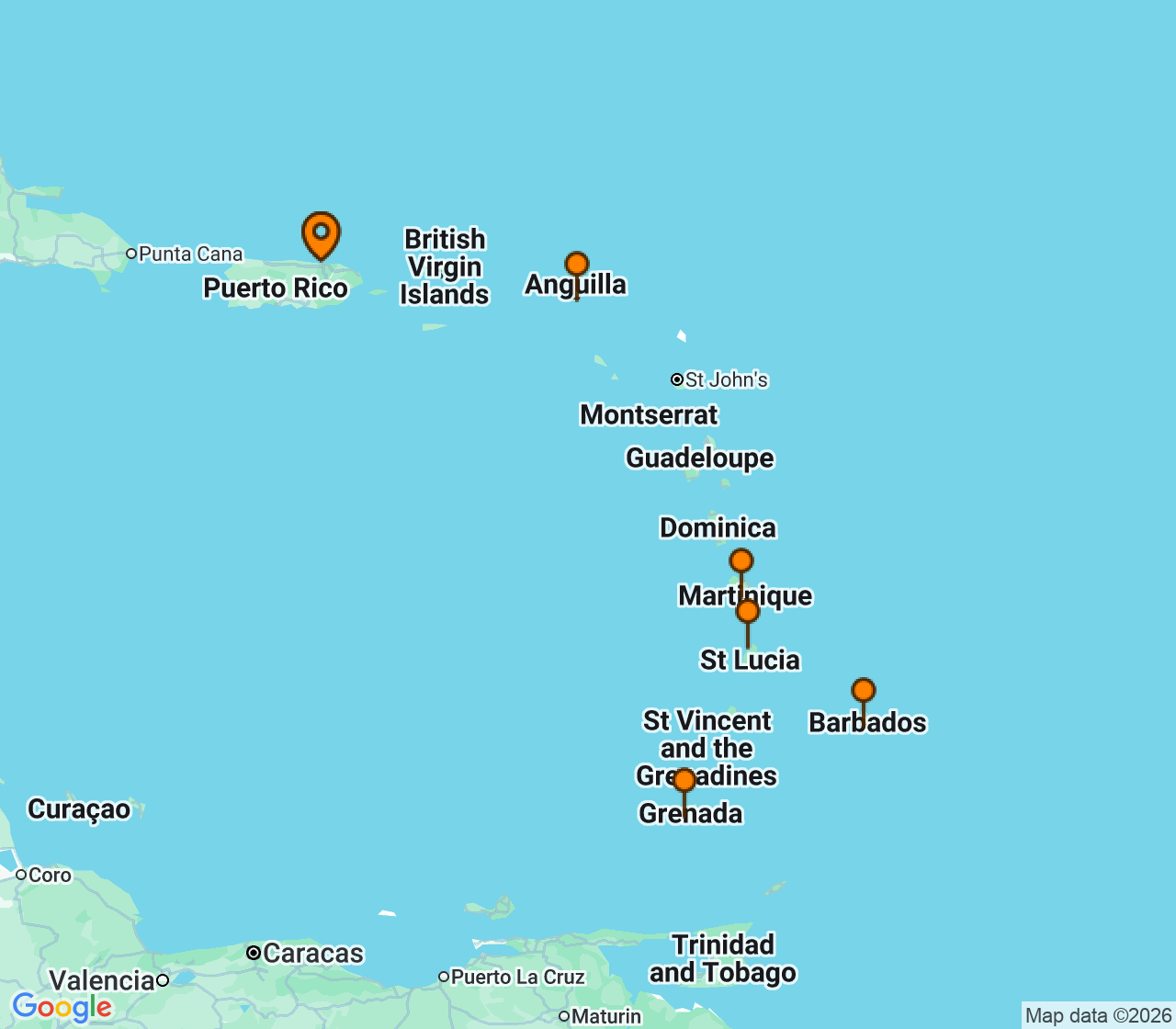 Harta itinerariu Croaziera 2027 - Caraibe si America Centrala (San Juan, Puerto Rico) - Princess Cruises - Crown Princess - 7 nopti