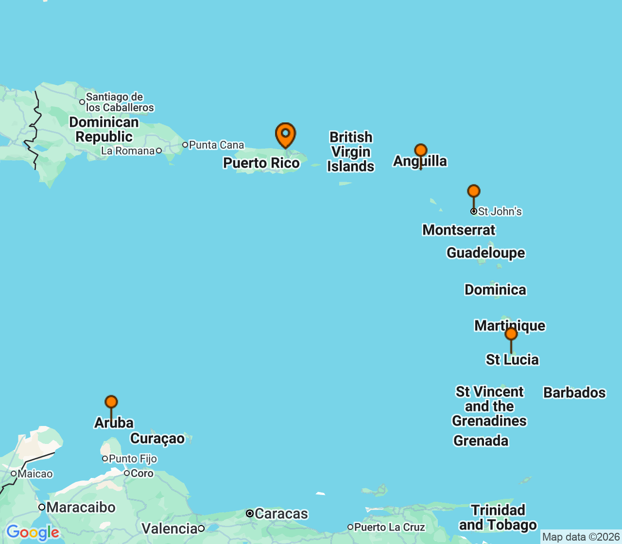 Harta itinerariu Croaziera 2028 - Caraibe si America Centrala (San Juan, Puerto Rico) - Virgin Voyages - Scarlet Lady - 7 nopti