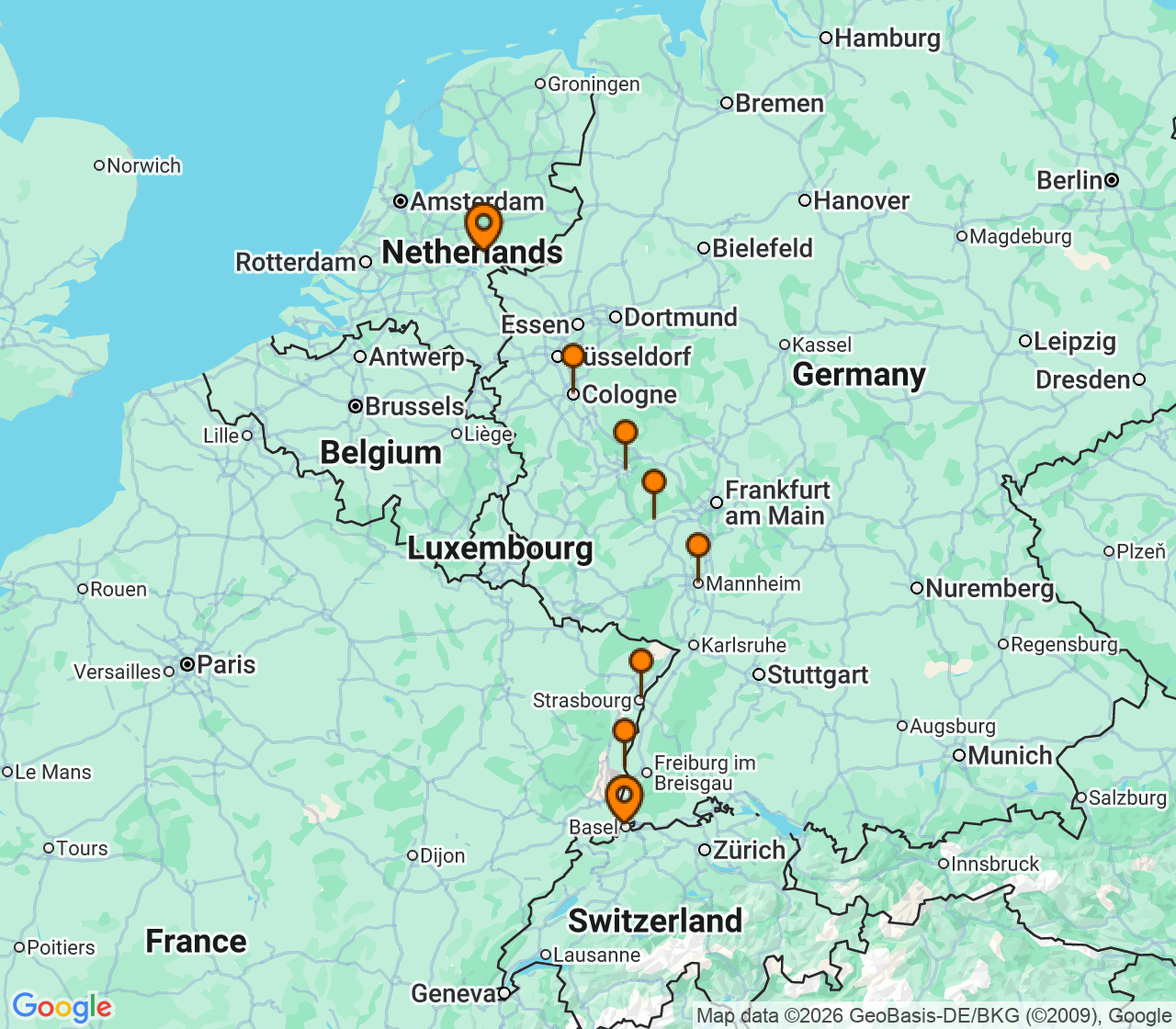 Harta itinerariu Croaziera 2028 - Europa de Nord (Basel, Elvetia) - Uniworld River Cruises - S.S. Audrey - 7 nopti