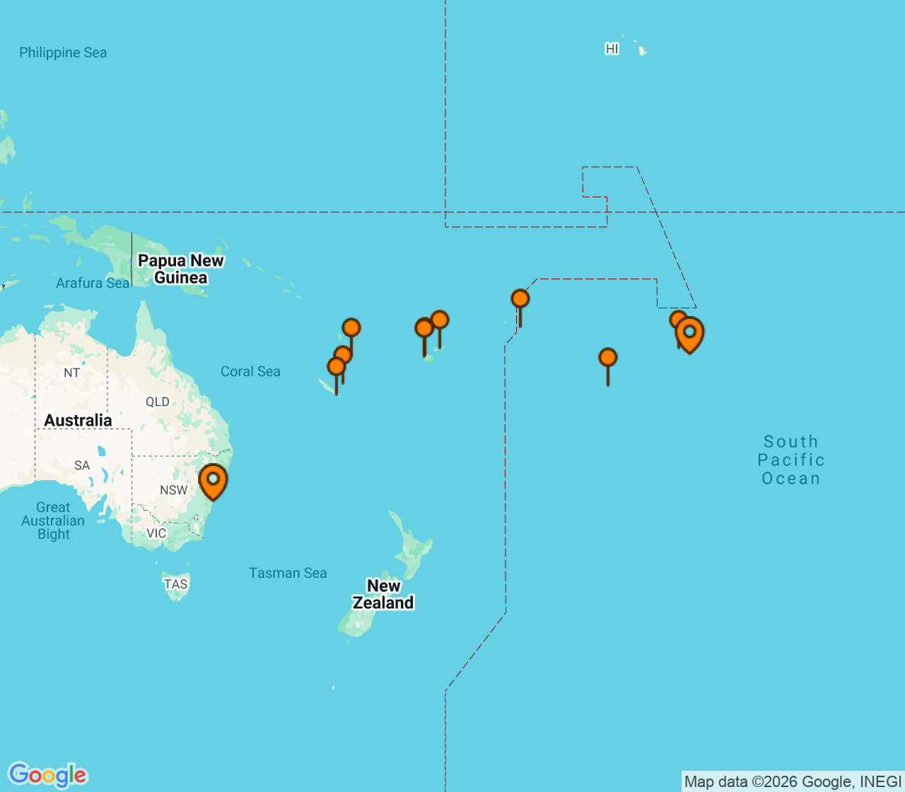 Harta itinerariu Croaziera 2027 - Tahiti si Pacificul de Sud (Papeete, Tahiti, Polinezia Franceza) - Oceania Cruises - Vista - 18 nopti