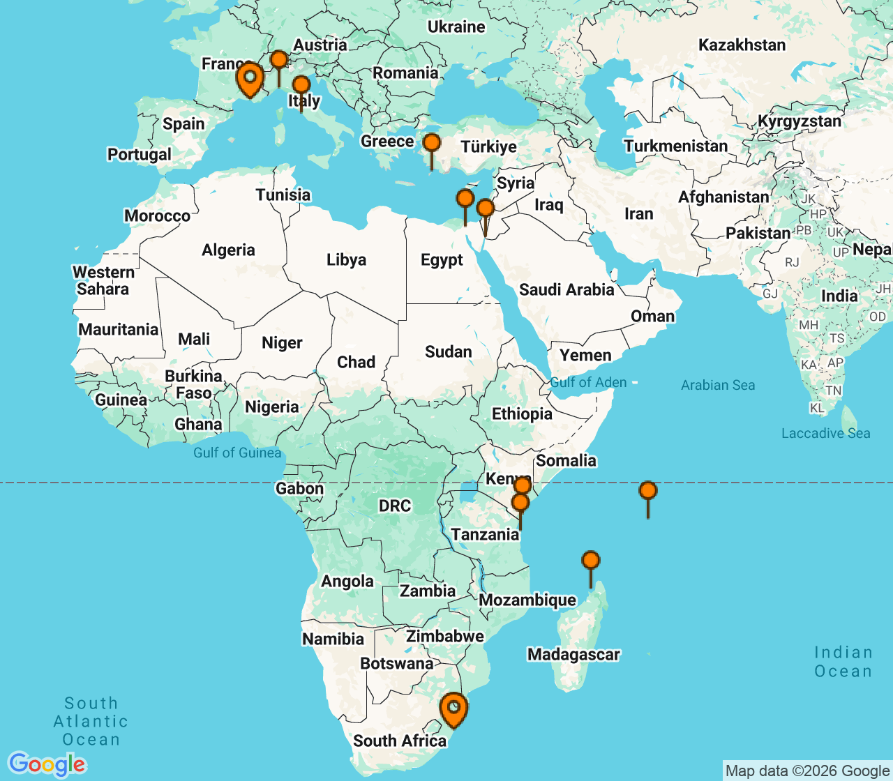 Harta itinerariu Croaziera 2028 - Repozitionari si Transoceanic (Durban, Africa de Sud) - MSC Cruises - MSC Sinfonia - 27 nopti