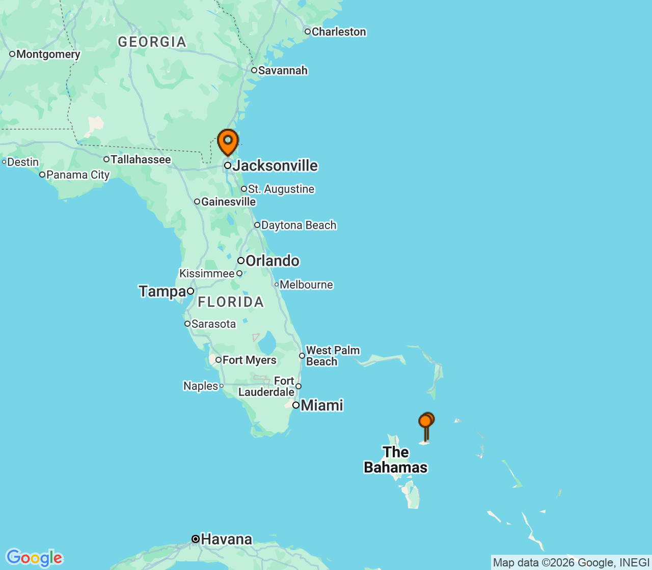 Harta itinerariu Croaziera 2026 - Caraibe si America Centrala (Jacksonville, FL) - Carnival Cruise Line - Carnival Elation - 4 nopti