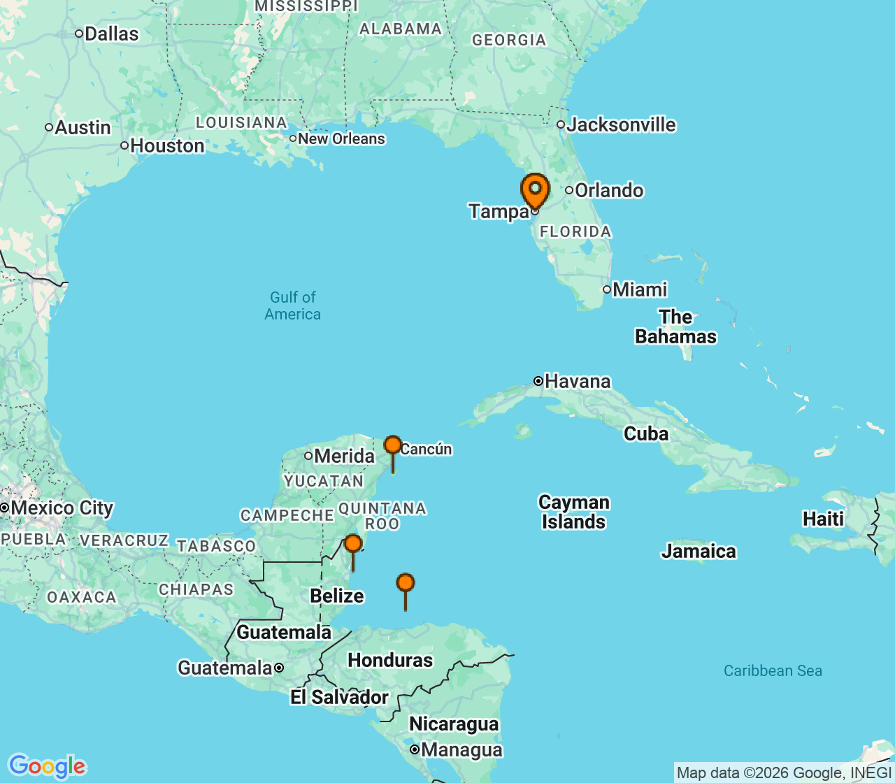 Harta itinerariu Croaziera 2027 - Caraibe si America Centrala (Tampa, FL) - Royal Caribbean Cruise Line - Brilliance of the Seas - 6 nopti