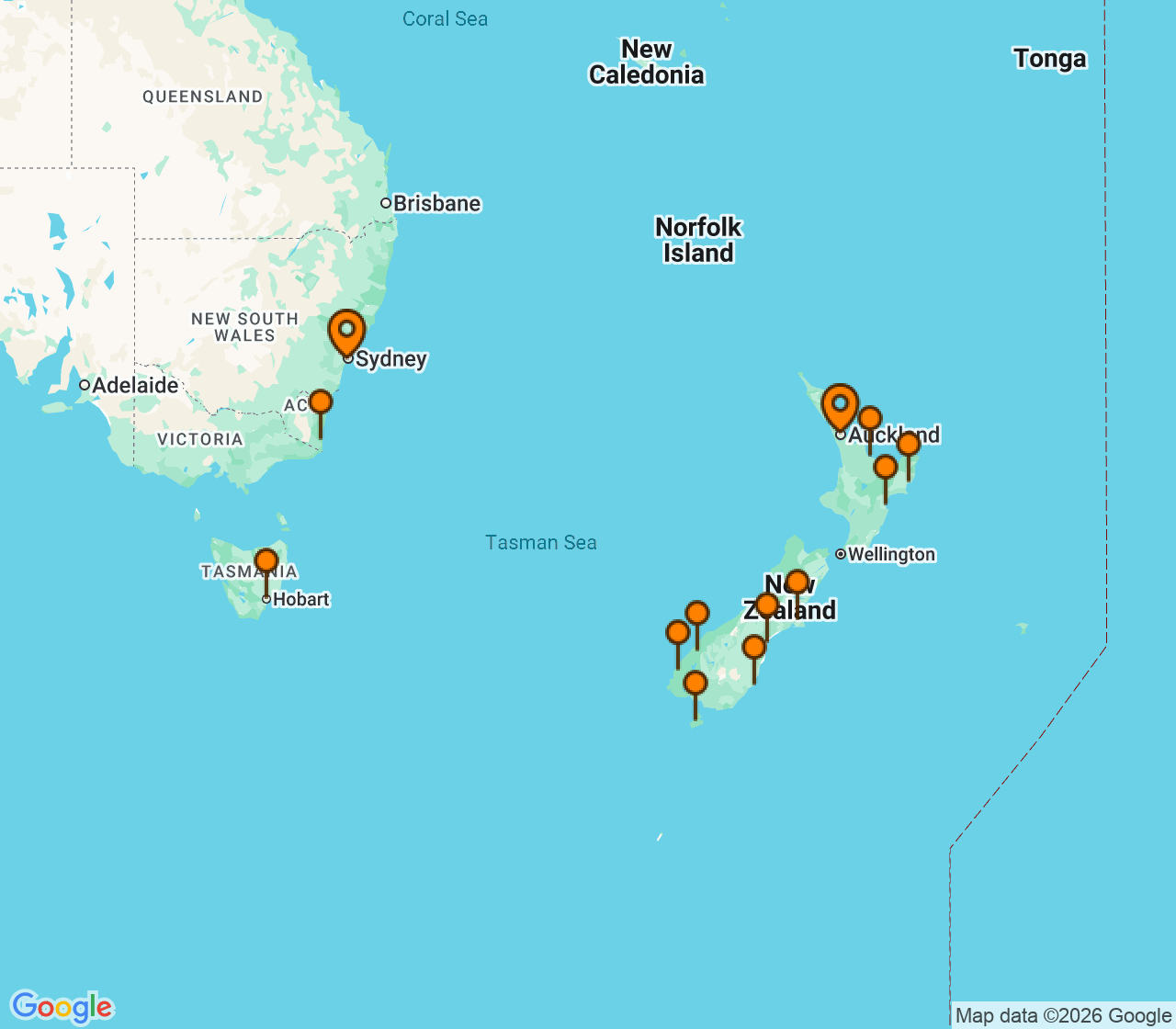 Harta itinerariu Croaziera 2027 - Australia si Noua Zeelanda (Sydney, Australia) - Silversea Cruises - Silver Moon - 15 nopti