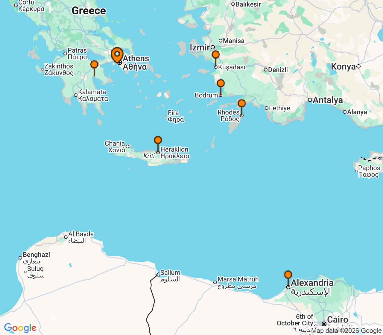 Harta itinerariu Croaziera 2028 - Mediterana (Atena (Piraeus), Grecia) - Silversea Cruises - Silver Ray - 9 nopti
