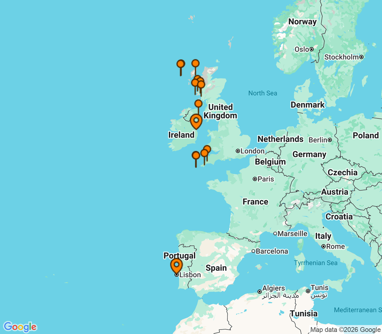 Harta itinerariu Croaziera 2027 - Europa de Nord (Lisabona, Portugalia) - Silversea Cruises - Silver Endeavour - 12 nopti