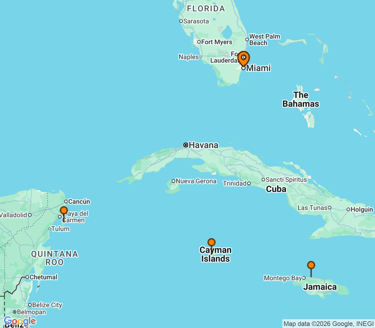 Harta itinerariu Croaziera 2027 - Caraibe si America Centrala (Miami, FL) - Royal Caribbean Cruise Line - Independence of the Seas - 6 nopti
