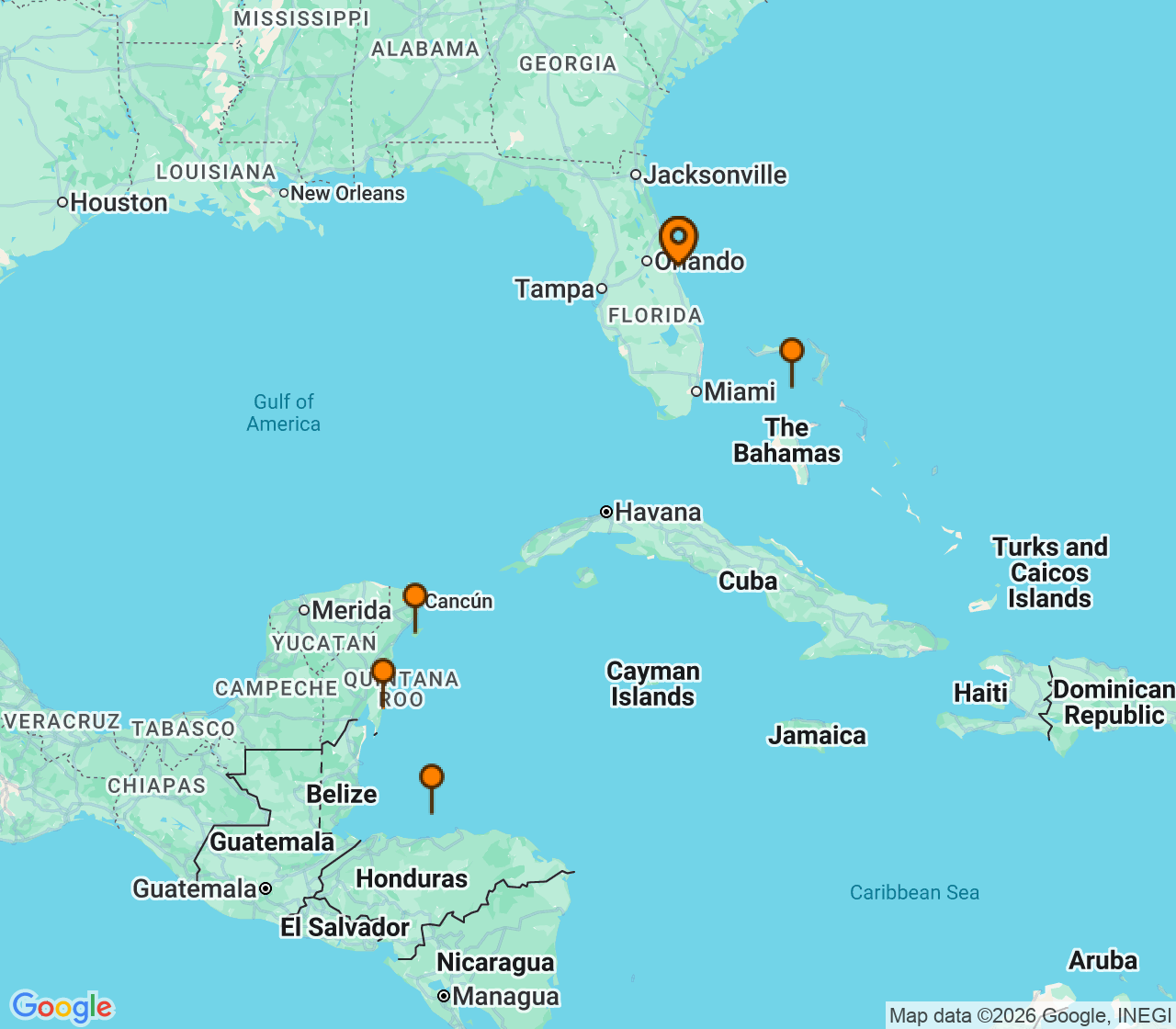 Harta itinerariu Croaziera 2027 - Caraibe si America Centrala (Port Canaveral, FL) - Norwegian Cruise Line - Norwegian Epic - 7 nopti