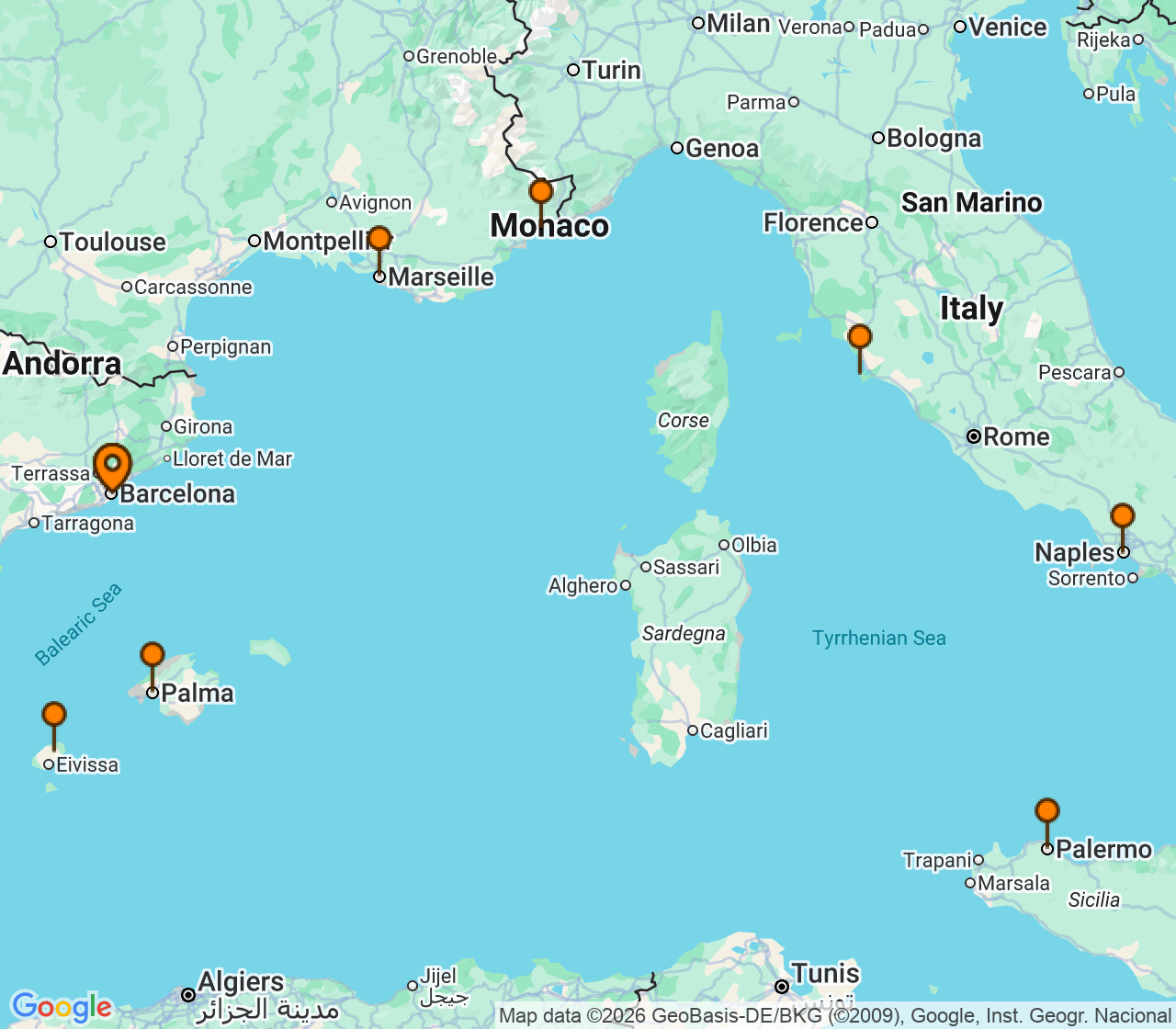 Harta itinerariu Croaziera 2026 - Mediterana (Barcelona, Spania) - Explora Journeys - Explora I - 9 nopti