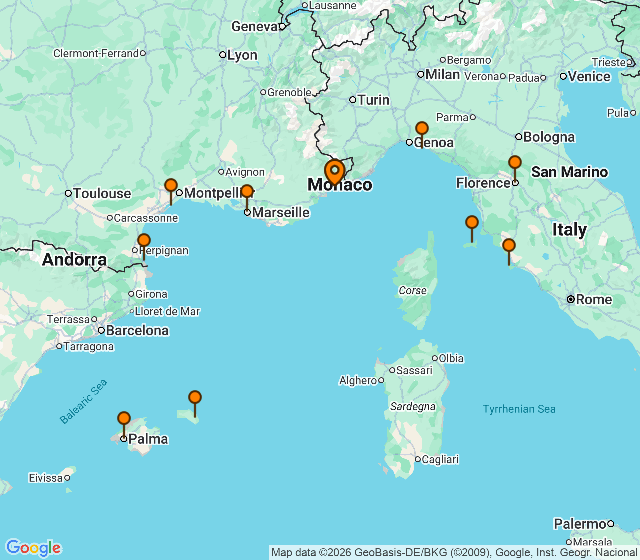 Harta itinerariu Croaziera 2027 - Mediterana (Nice (Villefranche), Franta) - Silversea Cruises - Silver Shadow - 11 nopti