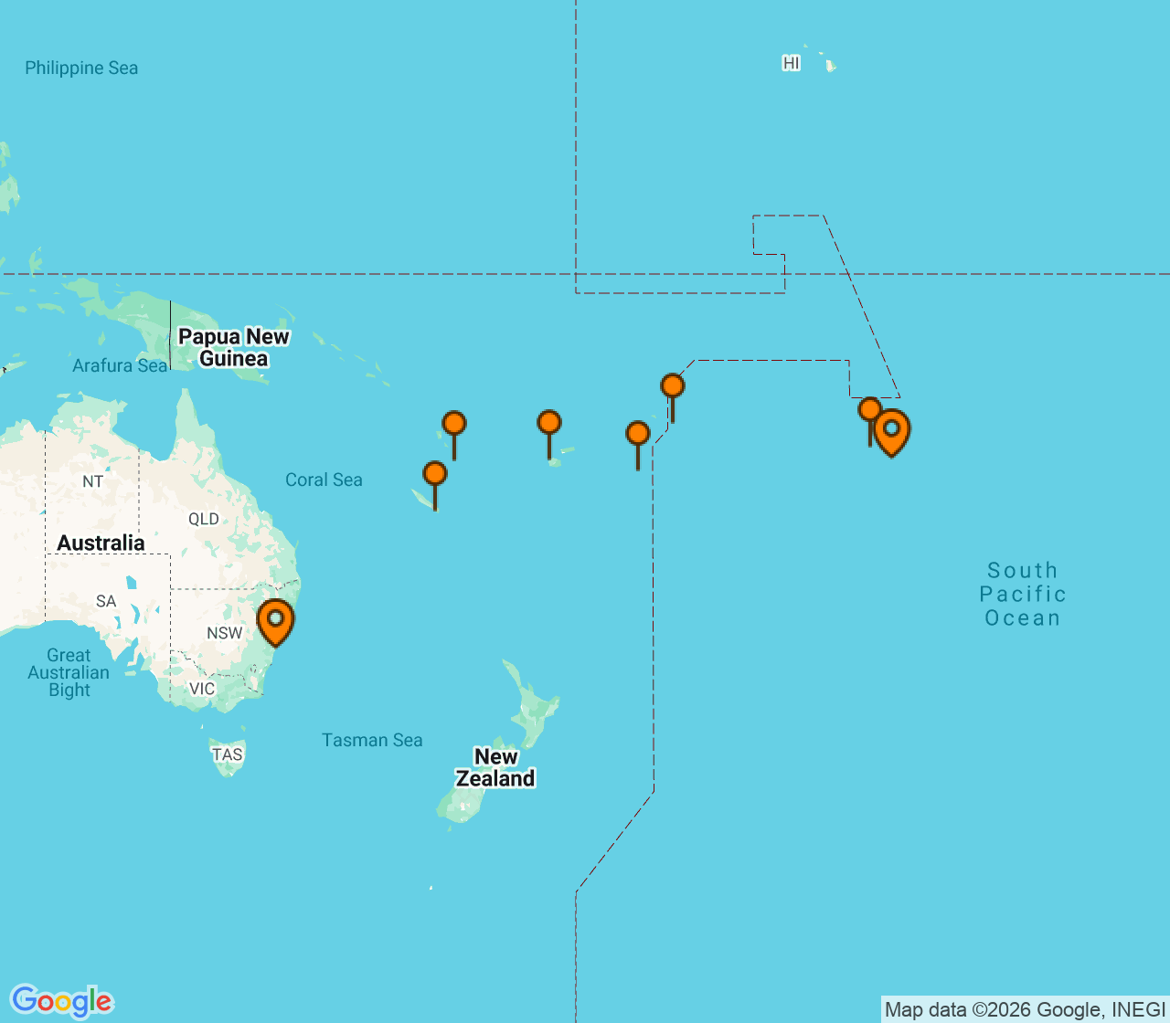 Harta itinerariu Croaziera 2028 - America de Sud (Papeete, Tahiti, Polinezia Franceza) - Oceania Cruises - Oceania Aurelia - 19 nopti