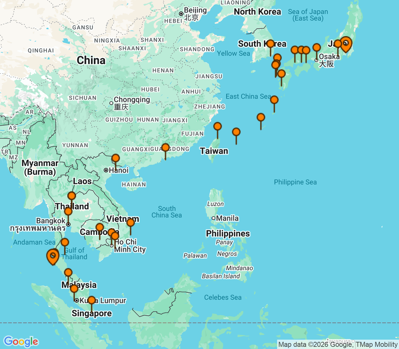 Harta itinerariu Croaziera 2027 - Asia (Orientul Indepartat) (Phuket, Thailanda) - Windstar Cruises - Star Seeker - 41 nopti