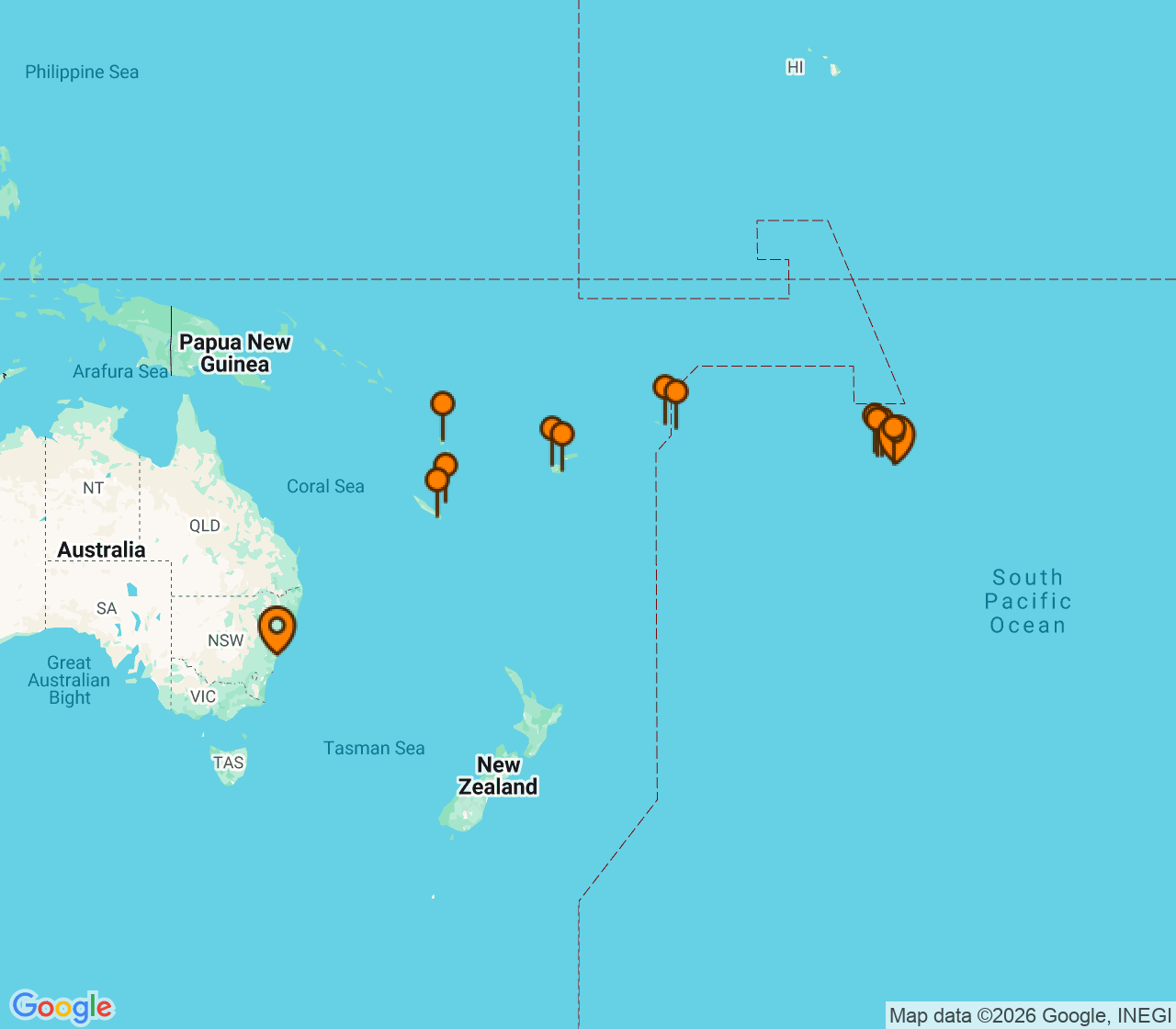 Harta itinerariu Croaziera 2027 - Grand Voyage si Tematice (Papeete, Tahiti, Polinezia Franceza) - Regent Seven Seas Cruises - Seven Seas Splendor - 21 nopti