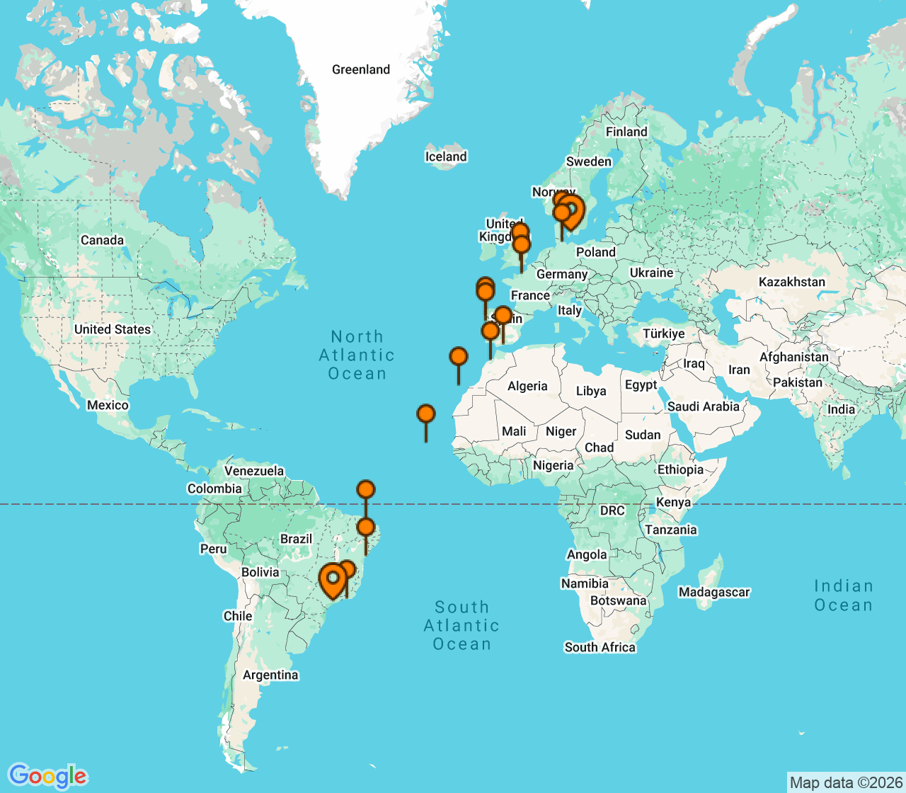Harta itinerariu Croaziera 2027 - Repozitionari si Transoceanic (Sao Paolo, Brazilia) - Costa Cruises - Costa Diadema - 27 nopti