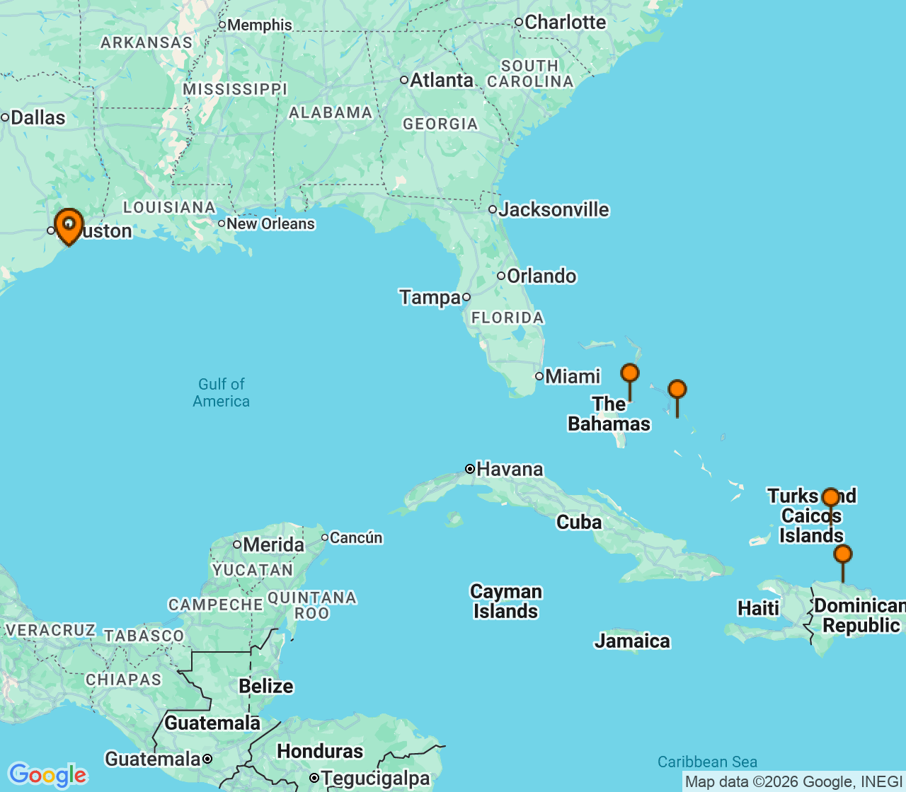 Harta itinerariu Croaziera 2027 - Caraibe si America Centrala (Galveston, TX) - Carnival Cruise Line - Carnival Spirit - 10 nopti