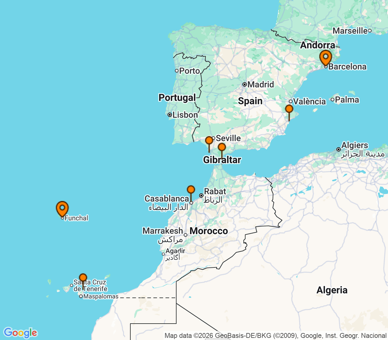 Harta itinerariu Croaziera 2026 - Repozitionari si Transoceanic (Barcelona, Spania) - MSC Cruises - MSC Meraviglia - 7 nopti