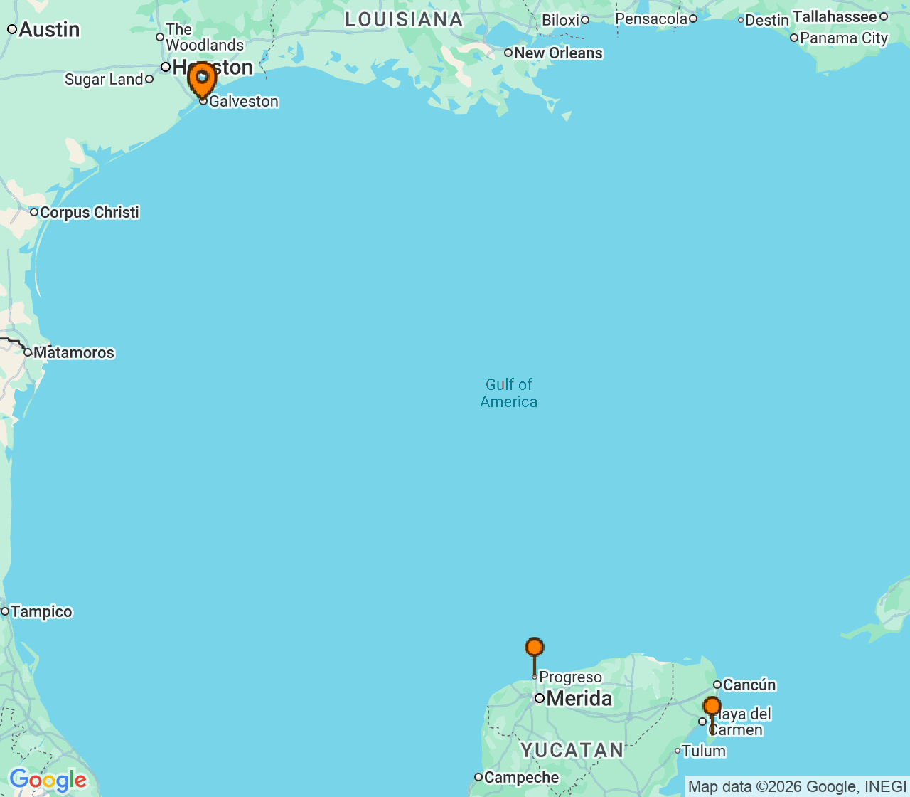 Harta itinerariu Croaziera 2026 - Caraibe si America Centrala (Galveston, TX) - Carnival Cruise Line - Carnival Breeze - 5 nopti