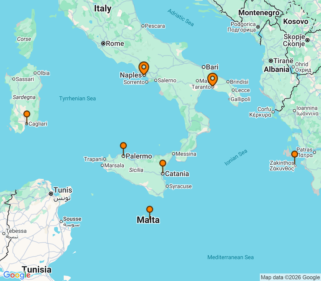 Harta itinerariu Croaziera 2027 - Mediterana (Napoli, Italia) - Costa Cruises - Costa Serena - 5 nopti