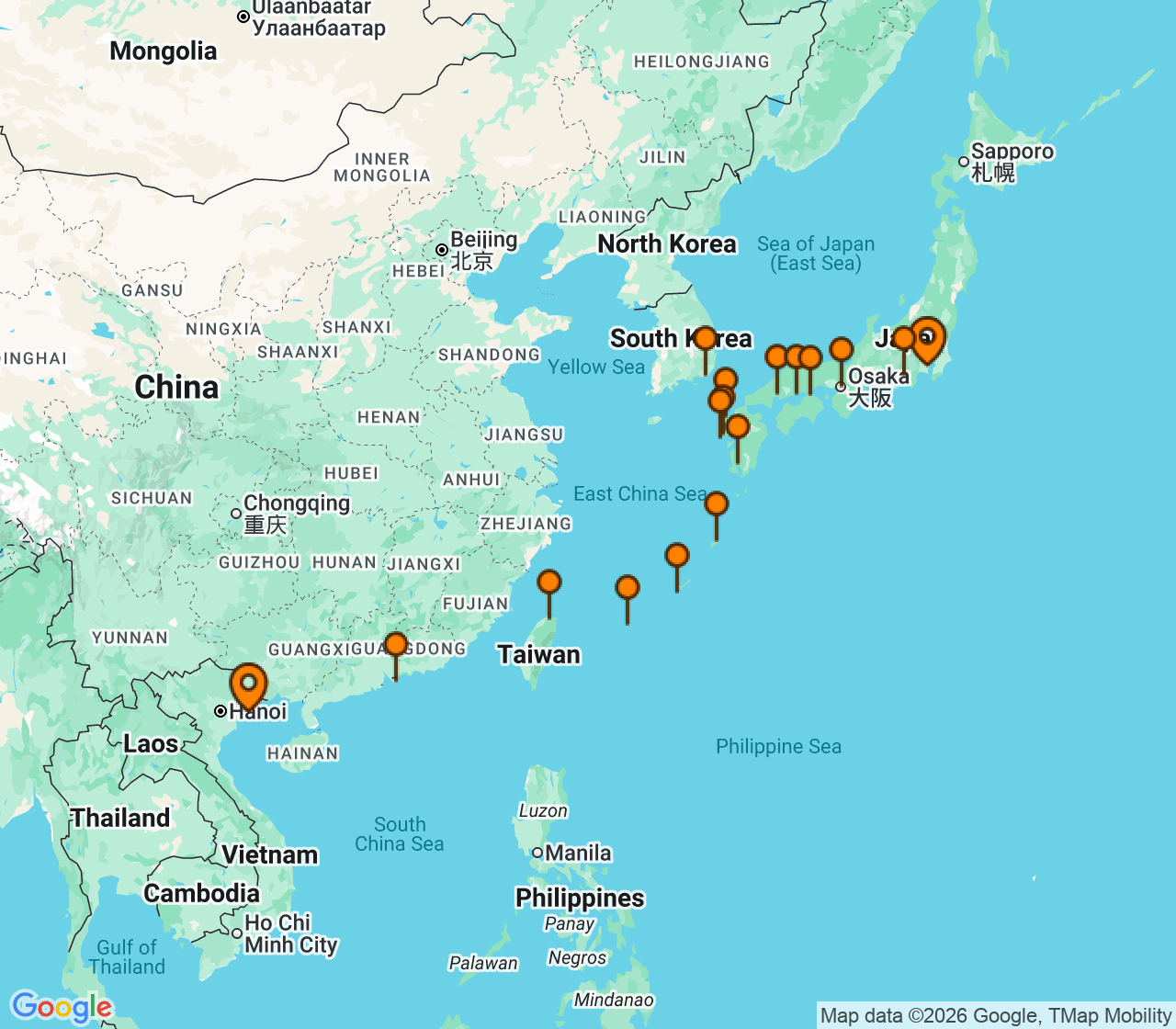 Harta itinerariu Croaziera 2028 - Asia (Orientul Indepartat) (Tokyo (Yokohama), Japonia) - Windstar Cruises - Star Seeker - 20 nopti
