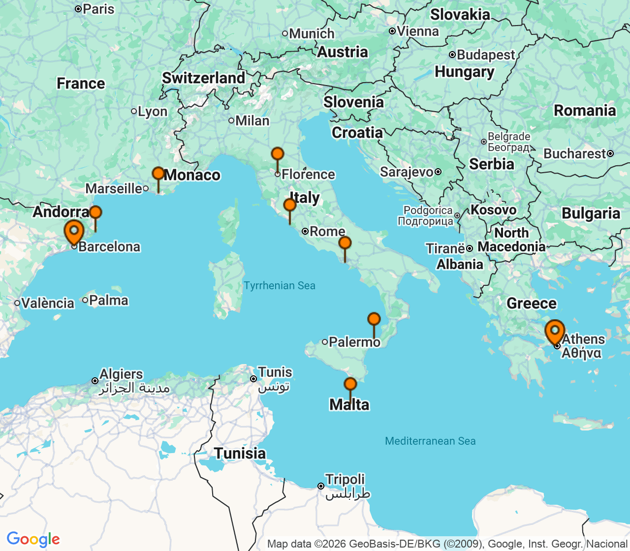 Harta itinerariu Croaziera 2027 - Mediterana (Atena (Piraeus), Grecia) - Oceania Cruises - Oceania Aurelia - 10 nopti