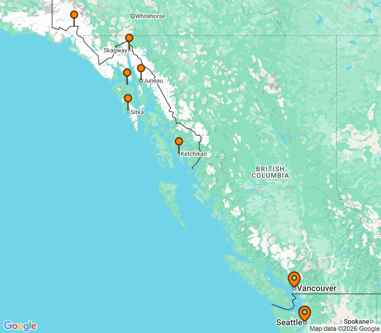 Harta itinerariu Croaziera 2028 - Alaska (Seattle, WA) - Royal Caribbean Cruise Line - Ovation of the Seas - 1 noapte