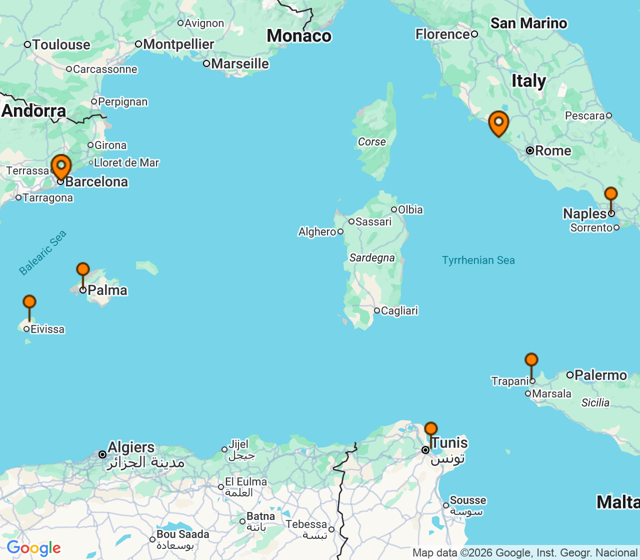 Harta itinerariu Croaziera 2028 - Mediterana (Barcelona, Spania) - Explora Journeys - Explora VI - 7 nopti