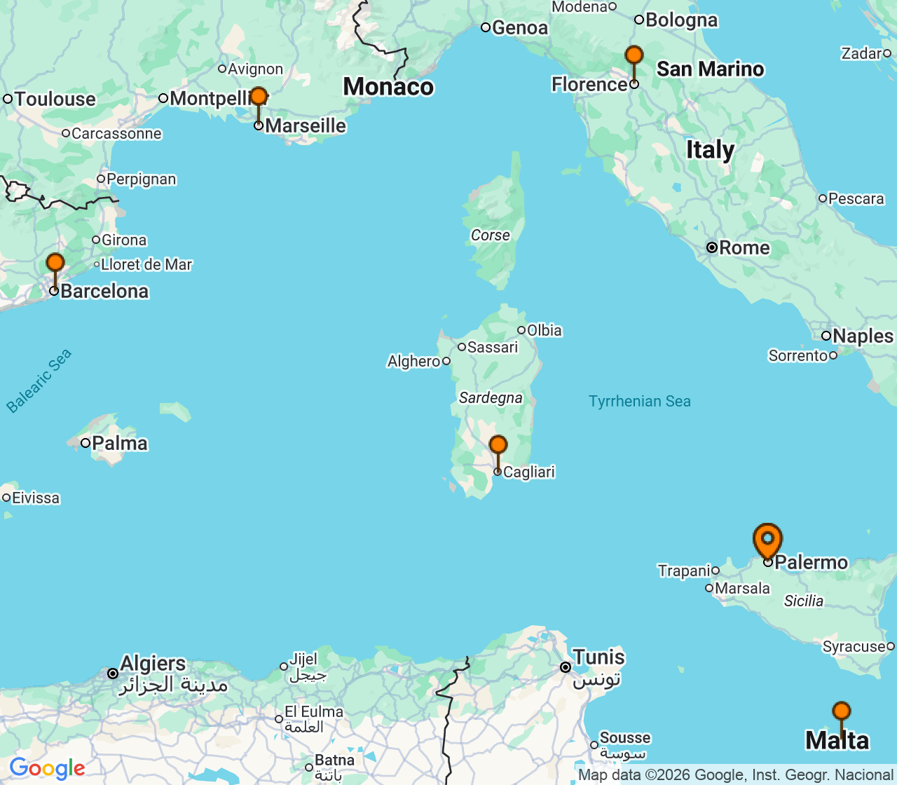 Harta itinerariu Croaziera 2026 - Mediterana (Palermo, Sicilia, Italia) - MSC Cruises - MSC Splendida - 7 nopti