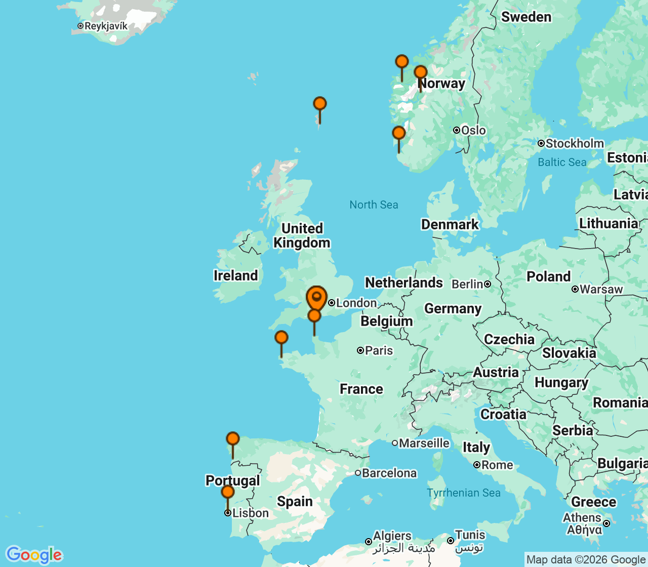 Harta itinerariu Croaziera 2027 - Europa de Nord (Southampton, Anglia) - MSC Cruises - MSC Meraviglia - 14 nopti