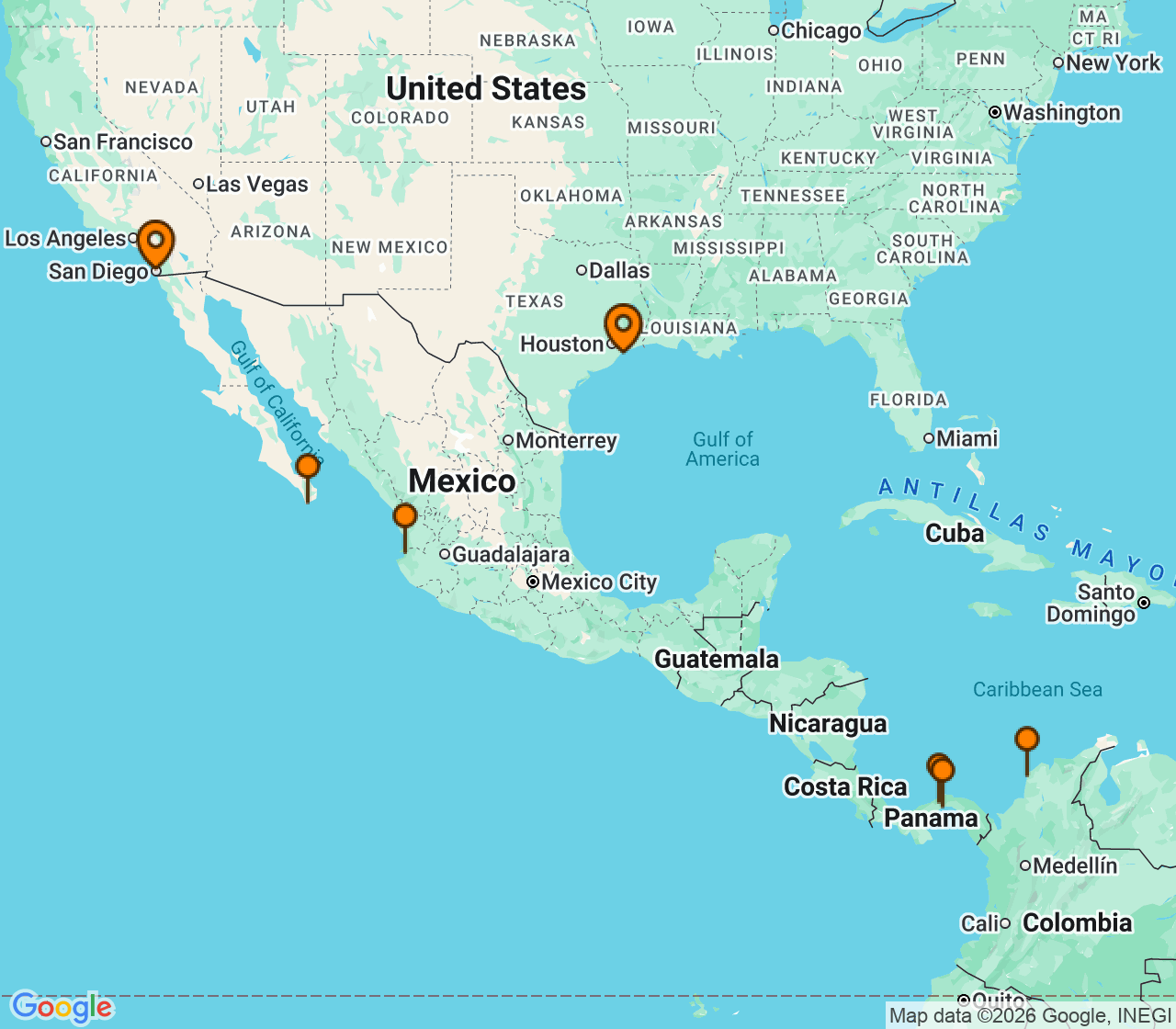 Harta itinerariu Croaziera 2027 - Caraibe si America Centrala (San Diego, CA) - Disney Cruise Line - Disney Magic - 14 nopti
