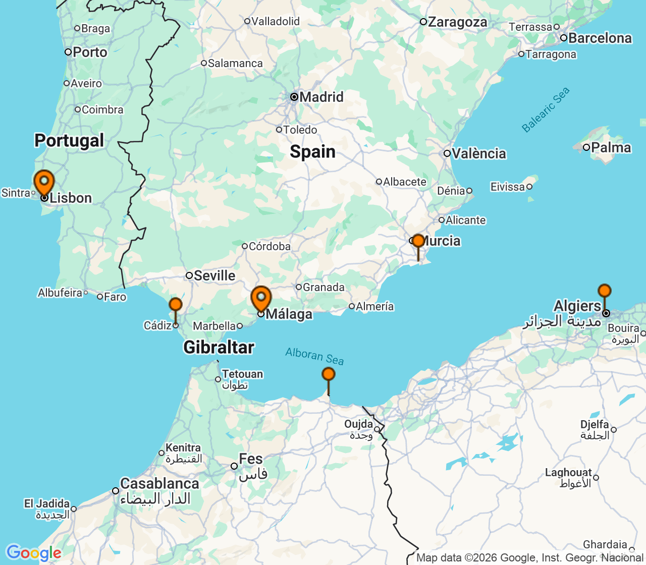 Harta itinerariu Croaziera 2028 - Mediterana (Malaga, Spania) - Explora Journeys - Explora V - 7 nopti