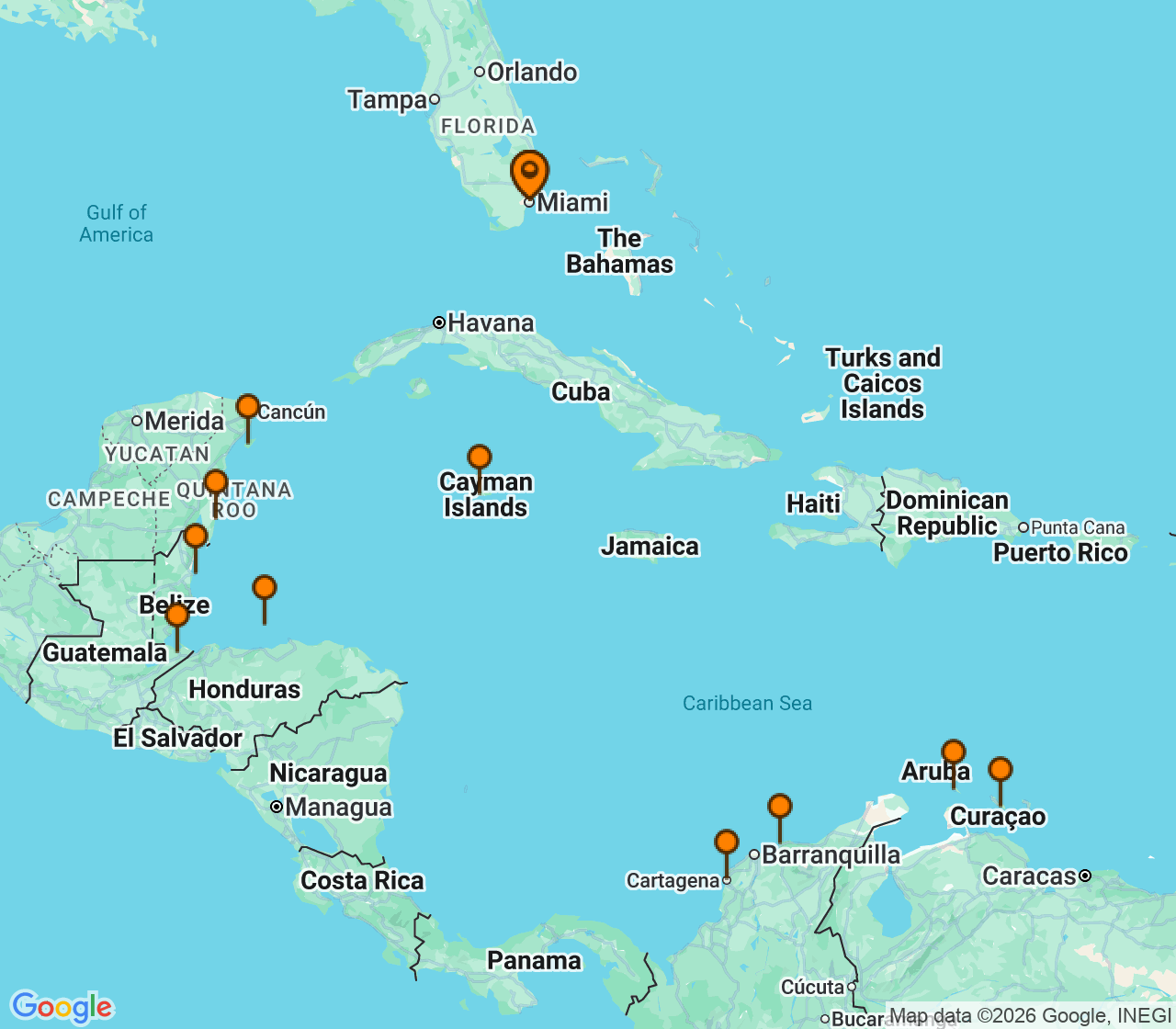 Harta itinerariu Croaziera 2026 - Caraibe si America Centrala (Miami, FL) - Explora Journeys - Explora I - 18 nopti