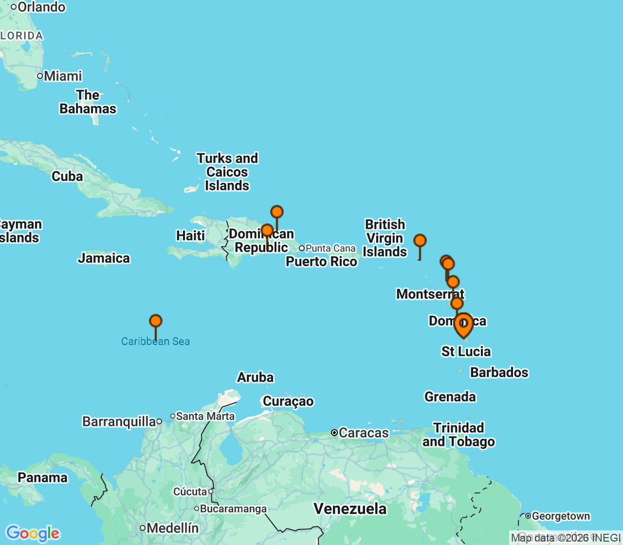 Harta itinerariu Croaziera 2026 - Caraibe si America Centrala (Fort-de-France, Martinica) - Costa Cruises - Costa Favolosa - 8 nopti