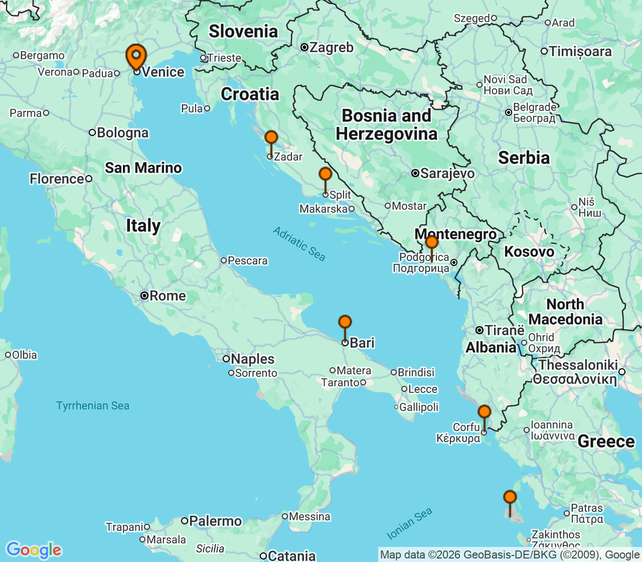 Harta itinerariu Croaziera 2027 - Mediterana (Venetia, Italia) - Costa Cruises - Costa Deliziosa - 7 nopti