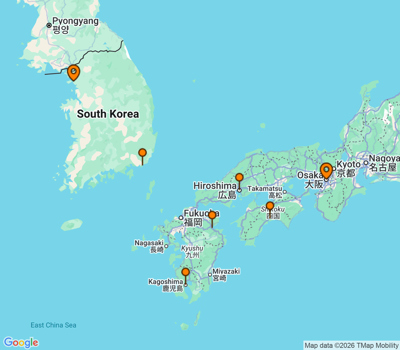 Harta itinerariu Croaziera 2028 - Asia (Orientul Indepartat) (Incheon, Coreea de Sud) - Silversea Cruises - Silver Whisper - 10 nopti