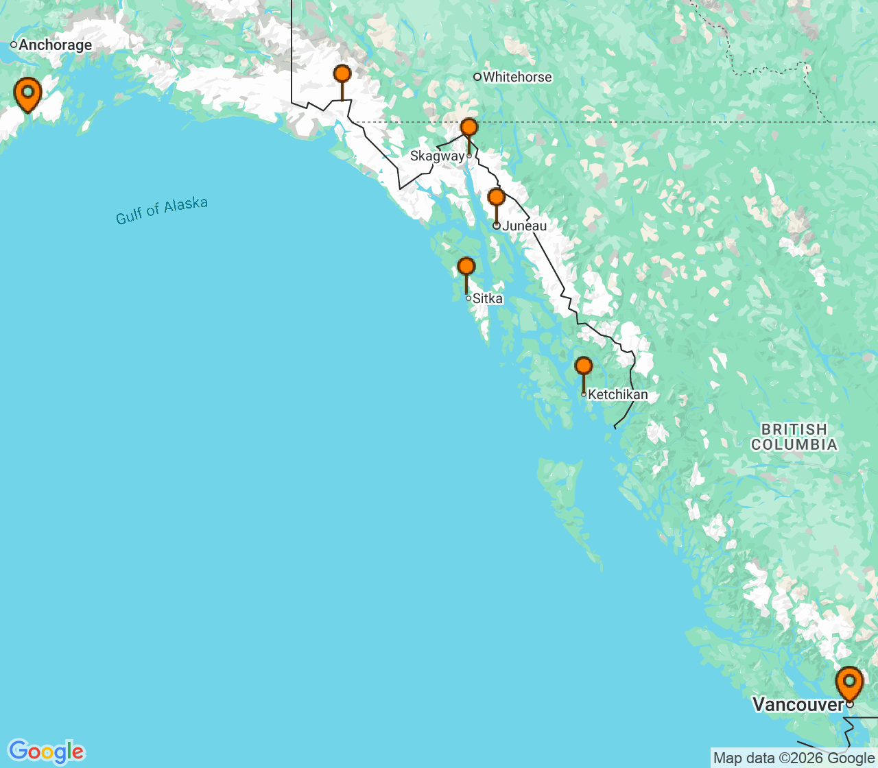 Harta itinerariu Croaziera 2028 - Alaska (Seward, Alaska) - Silversea Cruises - Silver Moon - 7 nopti